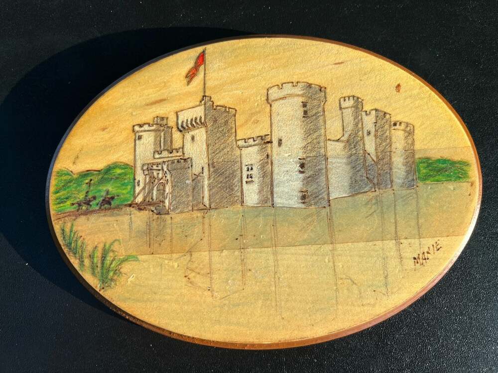 Vintage Hand-Drawn Wood Oval Wall Art Plaque of Castle Signed Marie
